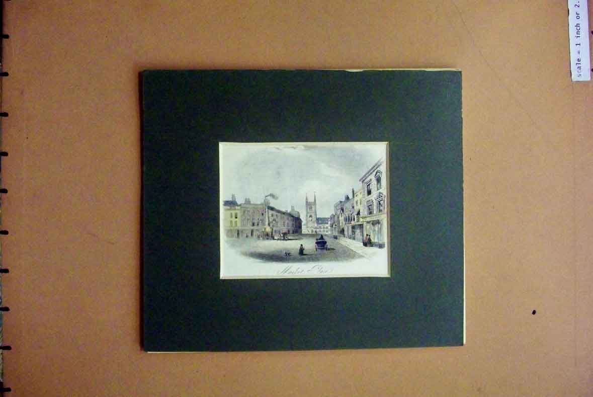 Original Old Antique Print Hand Coloured C1880 View Market Place Church Tower