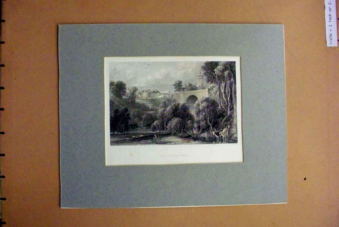 Original Old Antique Print Hand Coloured C1880 View Brig Doon Trees Bridge 19th