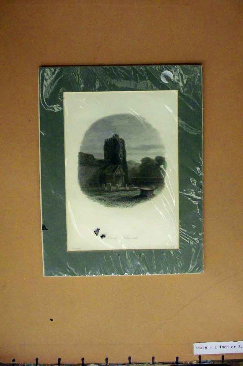 Original Old Antique Print Hand Coloured C1880 View Horton Church Graveyard