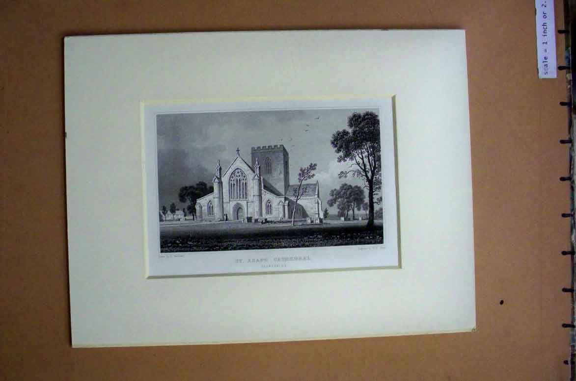 Old Antique Print C1880 Exterior St. Asaph Cathedral Flintshire England 19th