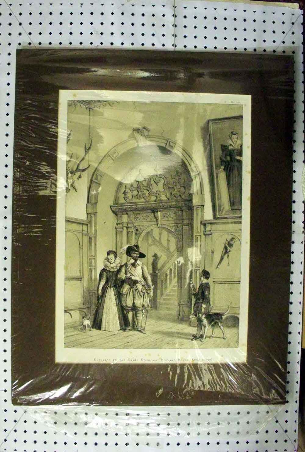 Original Old Antique Print C1890 Grand Staircase Holland House Kensington Dogs