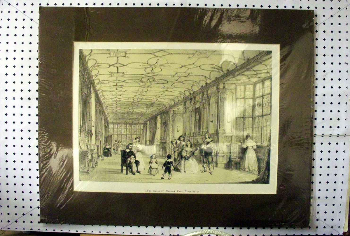 Old Antique Print C1890 Scene Long Gallery Haddon Hall Derbyshire People 19th