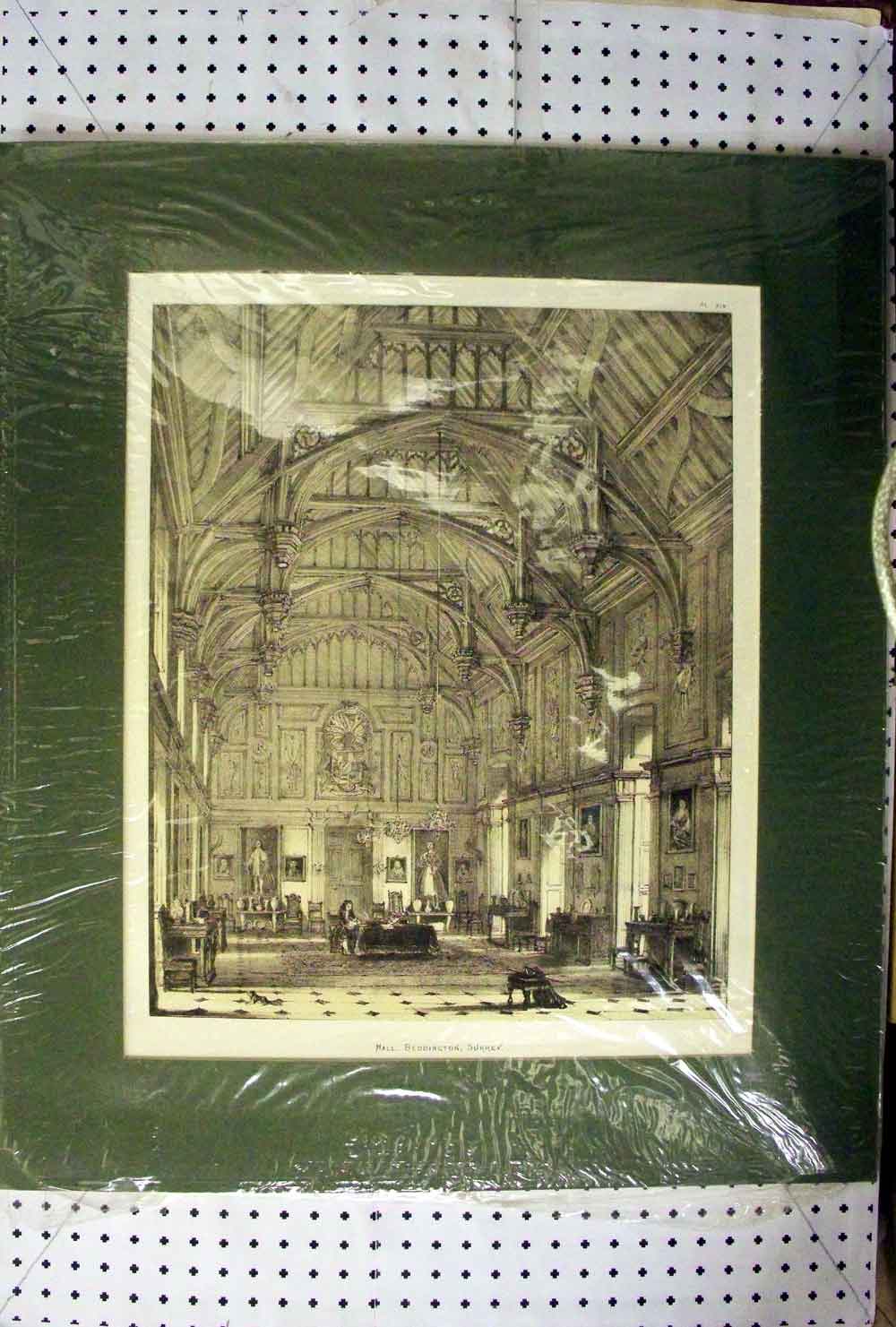 Original Old Antique Print C1890 Interior Architecture Hall Beddington Surrey