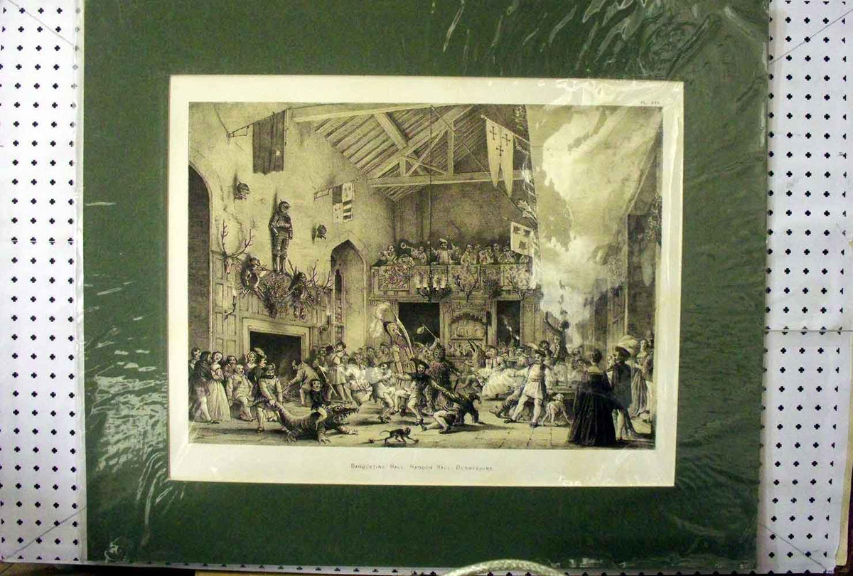 Old Antique Print C1890 Banqueting Hall Haddon Derbyshire England People 19th