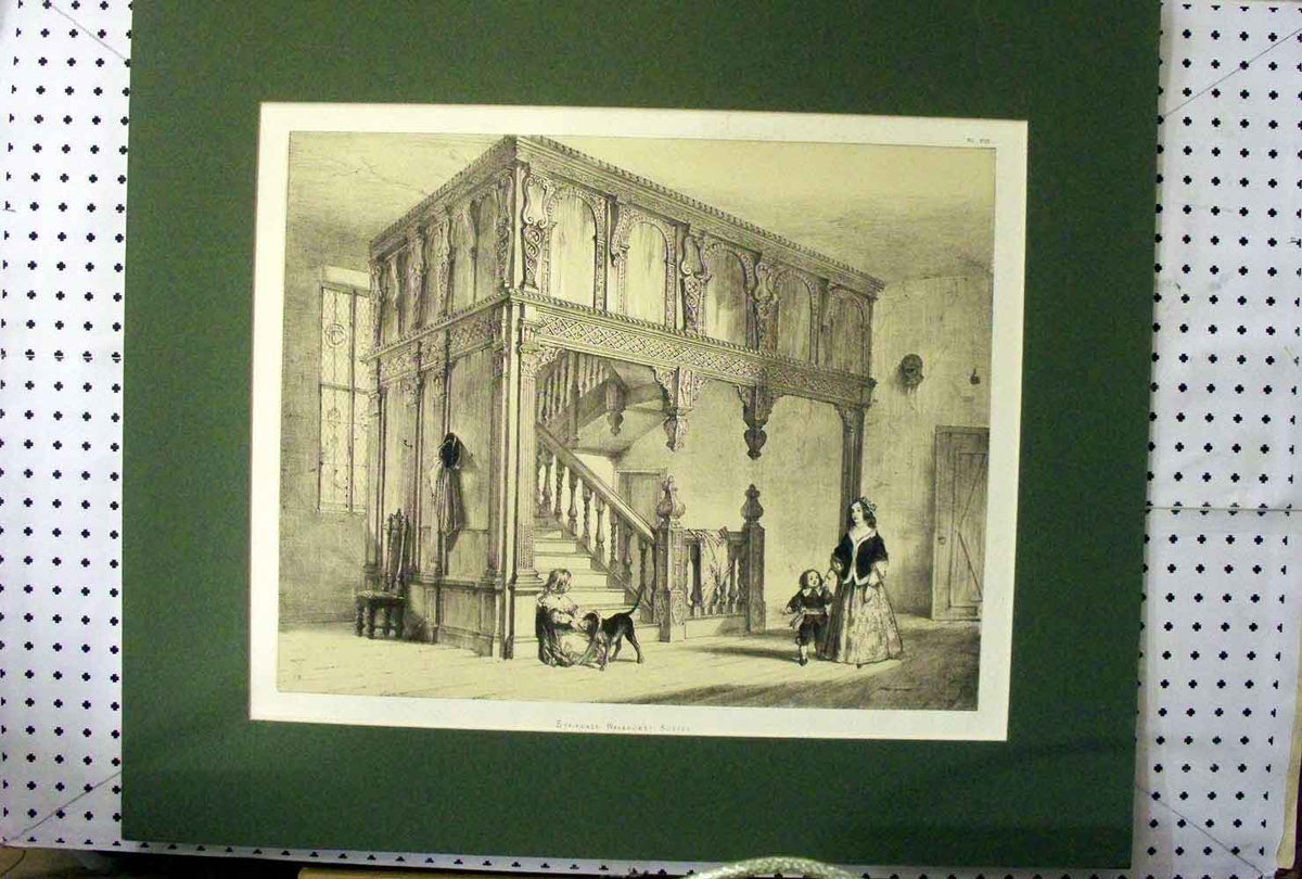 Original Old Antique Print C1890 View Staircase Wakehurst Sussex People Dog