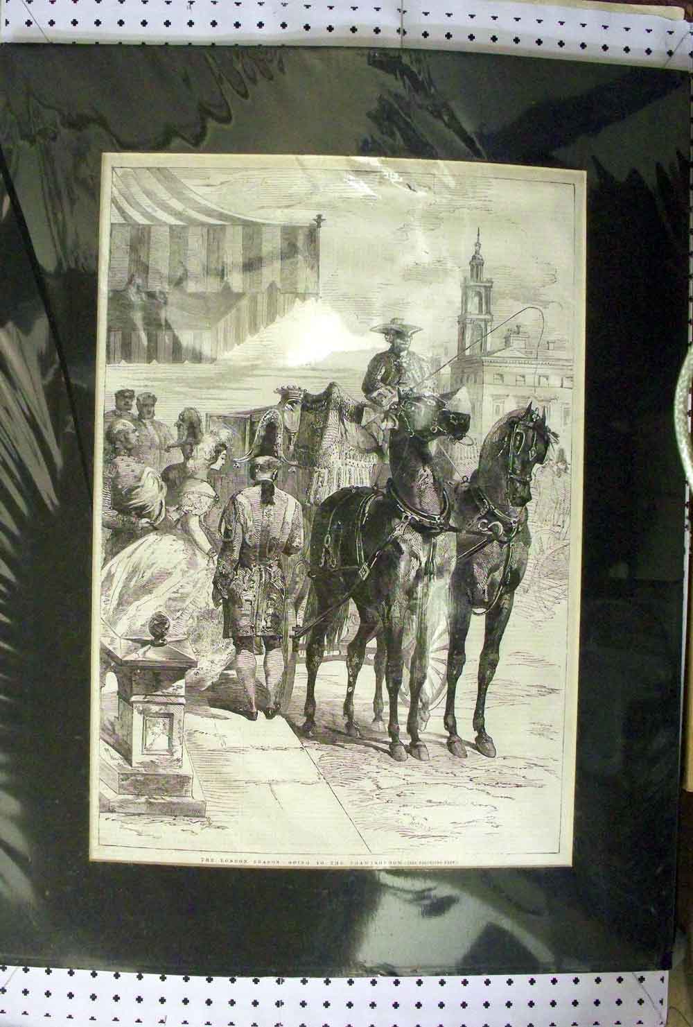 Old Antique Print 1870 London Street Horses Carriage Ladies Dresses Men 19th