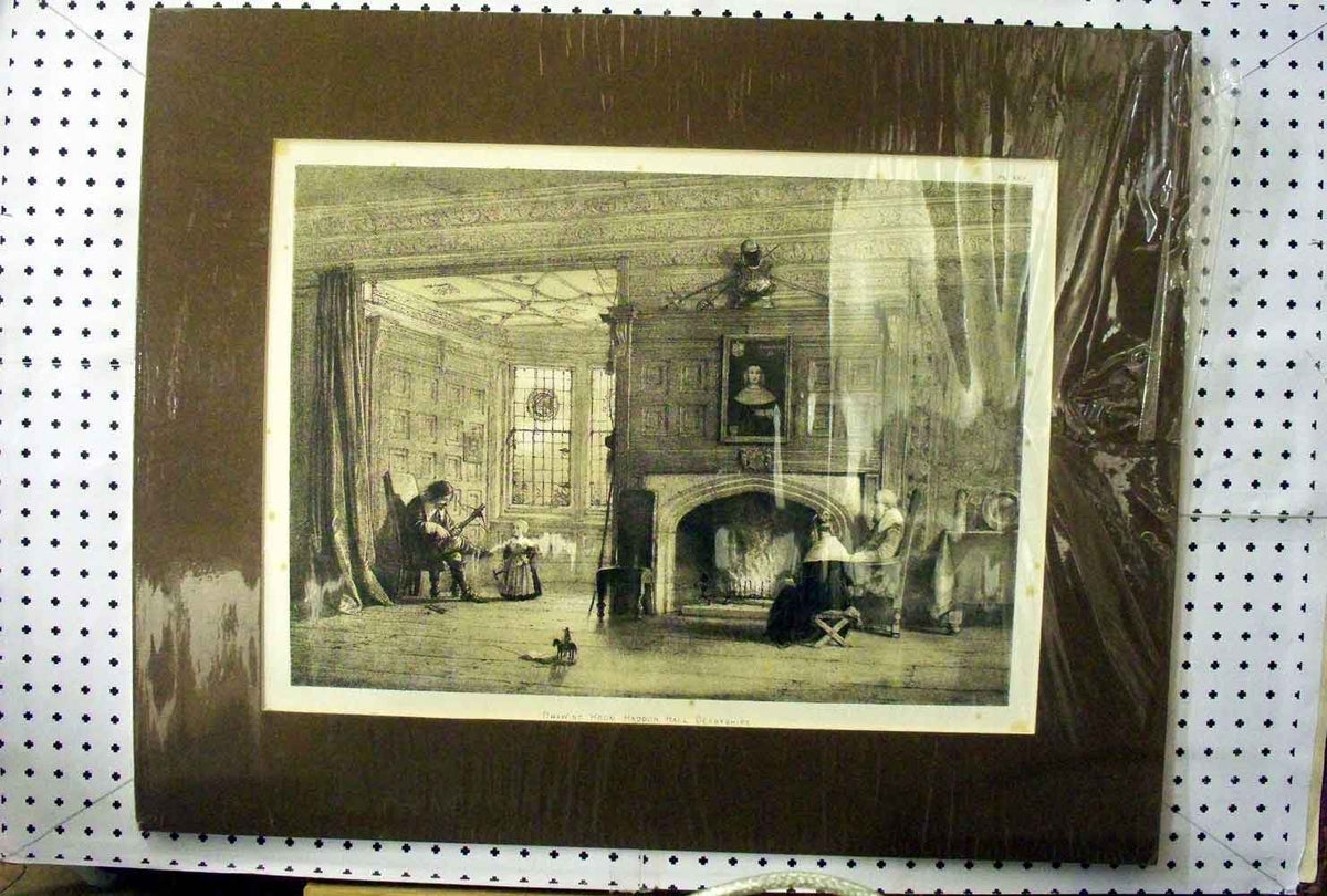 Original Old Antique Print 1870 Interior Drawing Room Haddon Hall Derbyshire