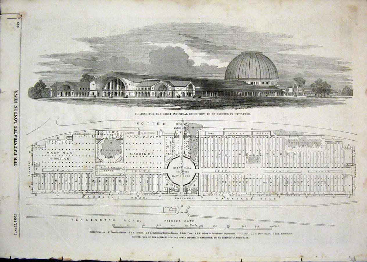 Original Old Antique Print Building Hyde Park Paxton Cycas Ravensworth 1850
