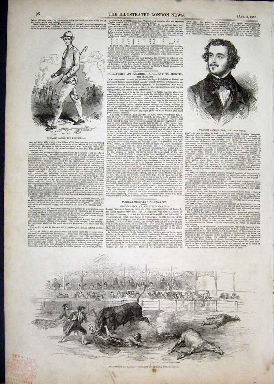 Original Old Antique Print Bull Fight Madrid Portrait Manks Jocelyn Mp 1850 19th