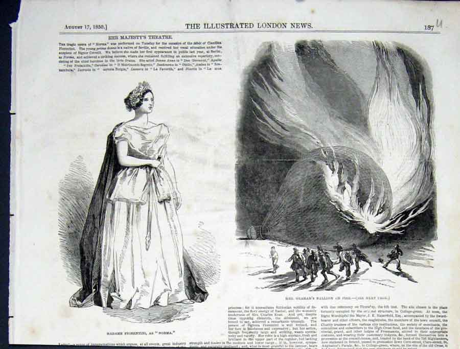 Original Old Antique Print Fiorentini Majestys Theatre Graham Balloon Fire 1850