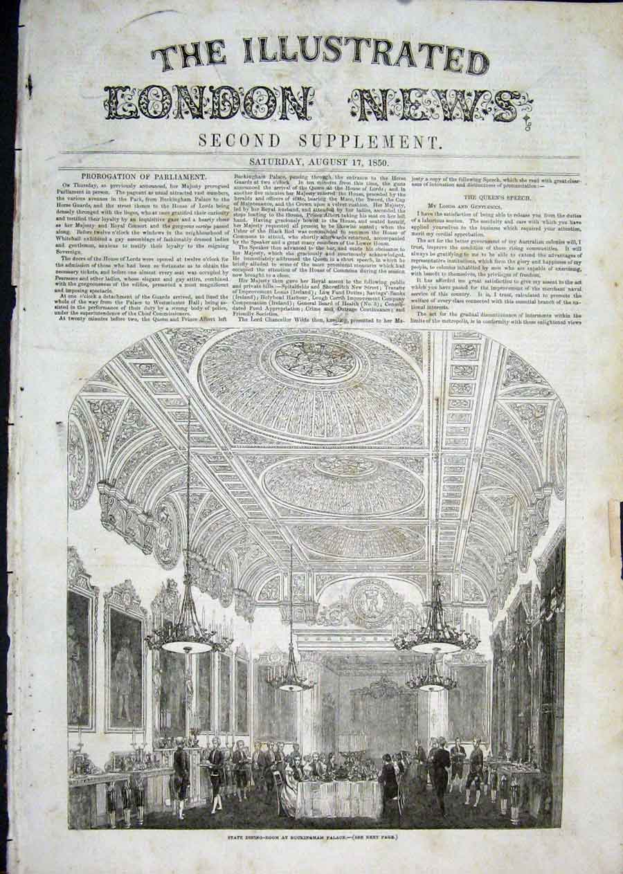 Original Old Antique Print Buckingham Palace Dining Room 1850 19th