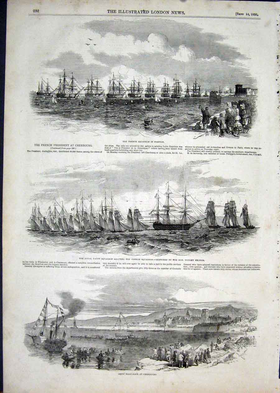 Original Old Antique Print Cherbourg French President Squadron Pelham 1850 19th