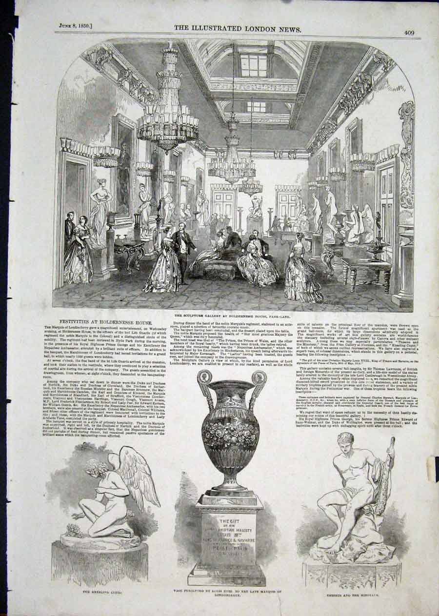 Original Old Antique Print Hernhesse House Park Lane Statue Cupid Vase 1850 19th