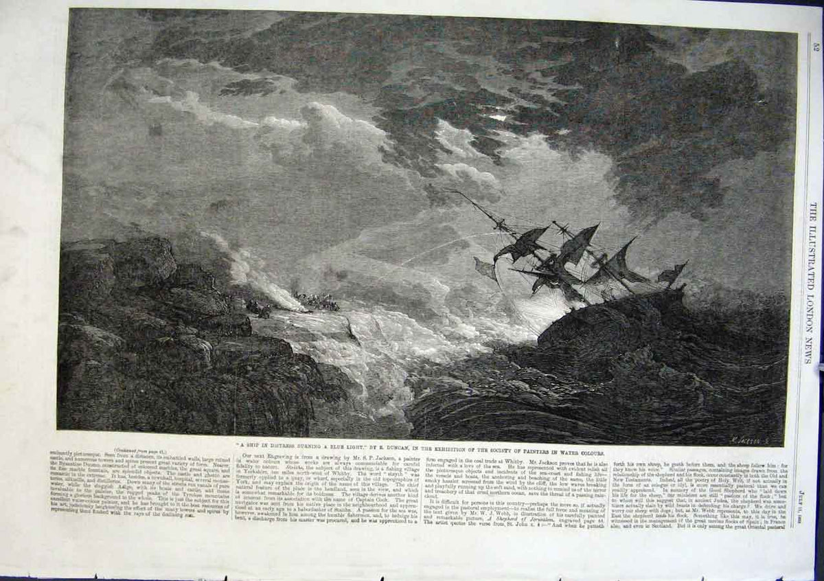 Old Antique Print Ship In Distress Burning Blue Light By Duncan 1863 Art 19th