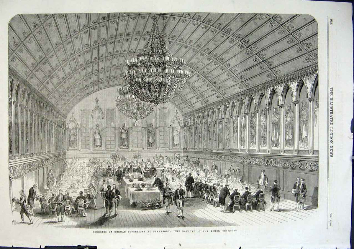 Original Old Antique Print German Sovereigns Banquet At Romer Frankfort 1863