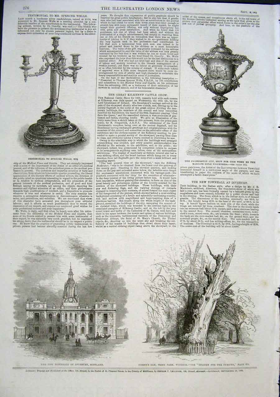 Original Old Antique Print Townhall Inverury Scotland Herne'S Oak Windsor 1863