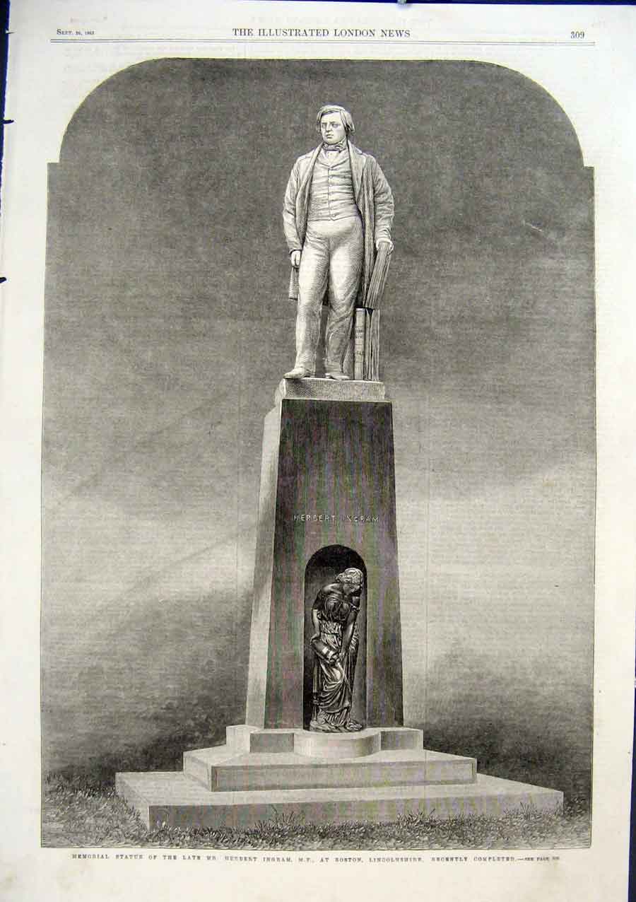 Original Old Antique Print Statue Herbert Ingram At Boston Lincoln 1863 19th