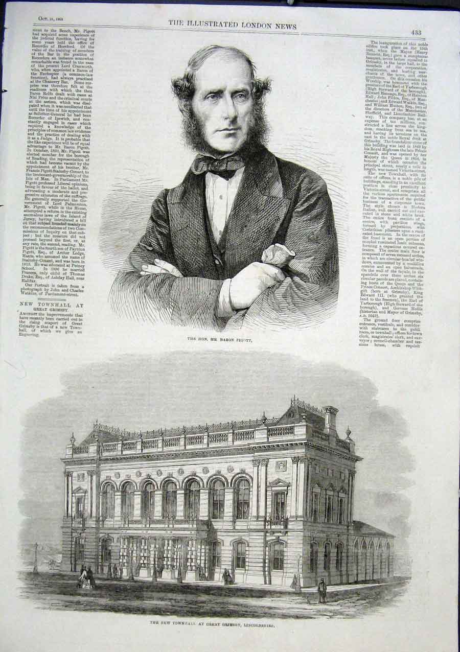 Original Old Antique Print Townhall Grimsby Lincolnshire 1863 Mr Baron Pigott