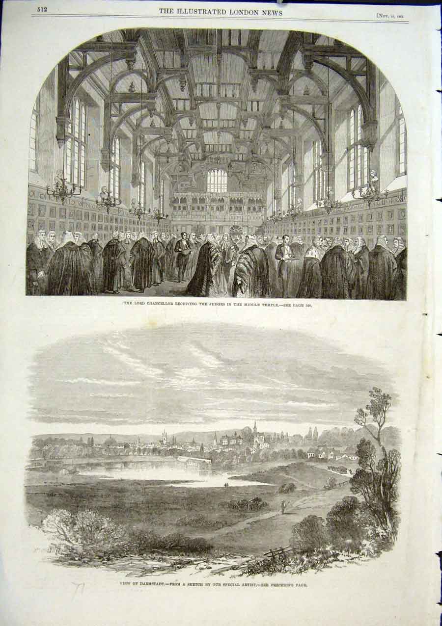 Original Old Antique Print Lord Chancellor & Judges Inner Temple 1863 Darmstadt