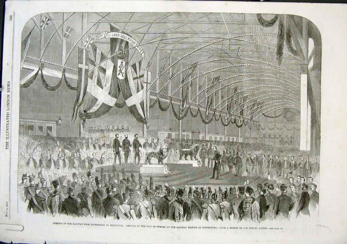 Original Old Antique Print Opening Railway Gottenburg To Stockholm Sweden 1863