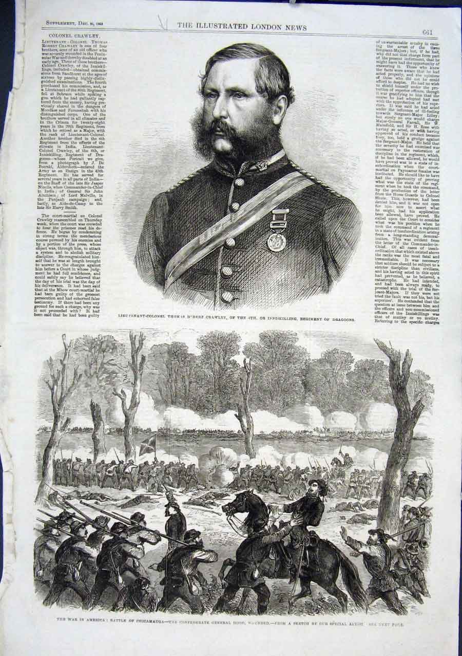 Original Old Antique Print War America 1863 Battle Chicamauga & Gen Hood Wounded