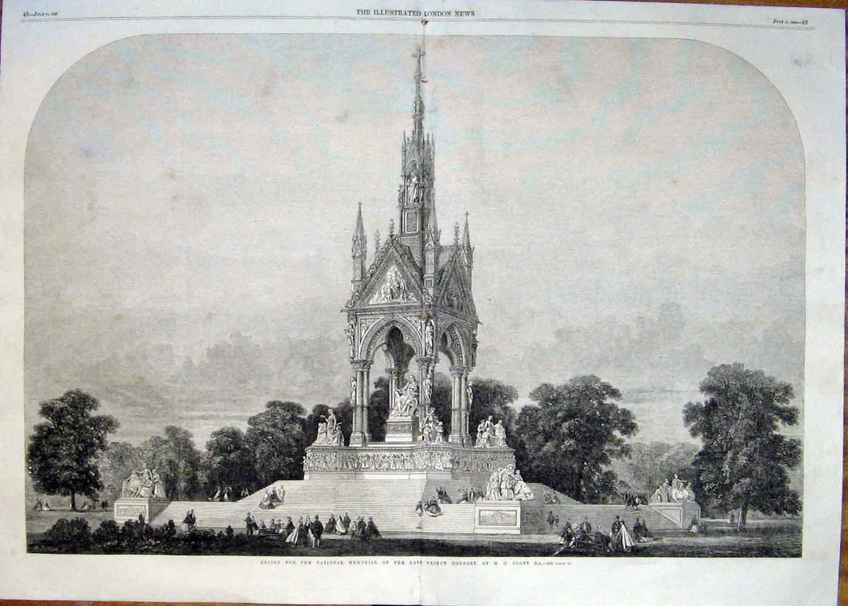 Original Old Antique Print Design By Scott Memorial Prince Consort 1863 19th