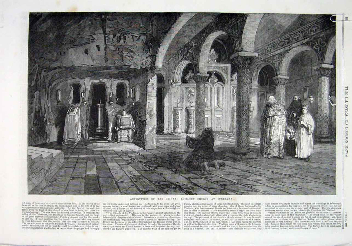Original Old Antique Print Antiquities Crimea Rock Church Inkerman 1869 19th