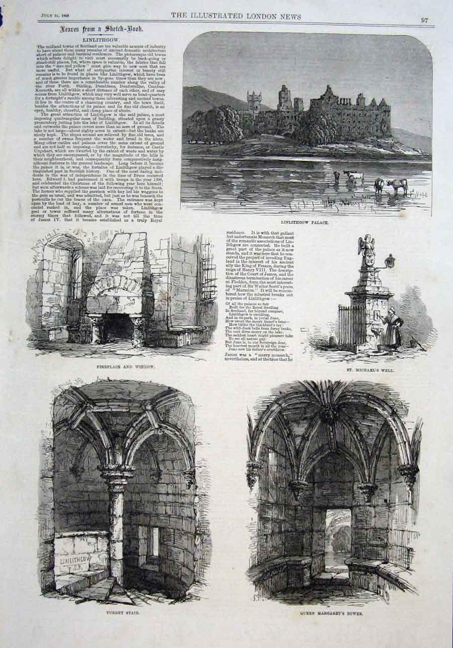 Original Old Antique Print 1869 Scenes Linlithgow Scotland 19th