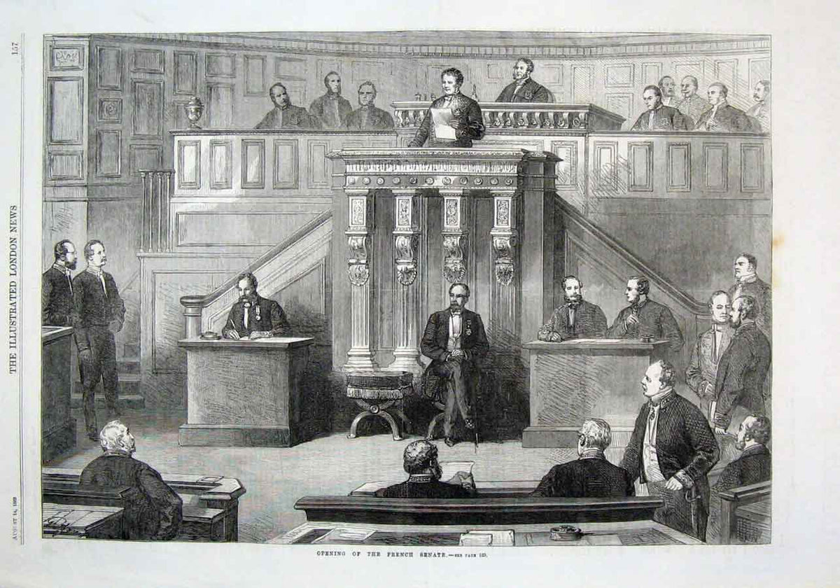 Original Old Antique Print Opening French Senate 1869 19th Century