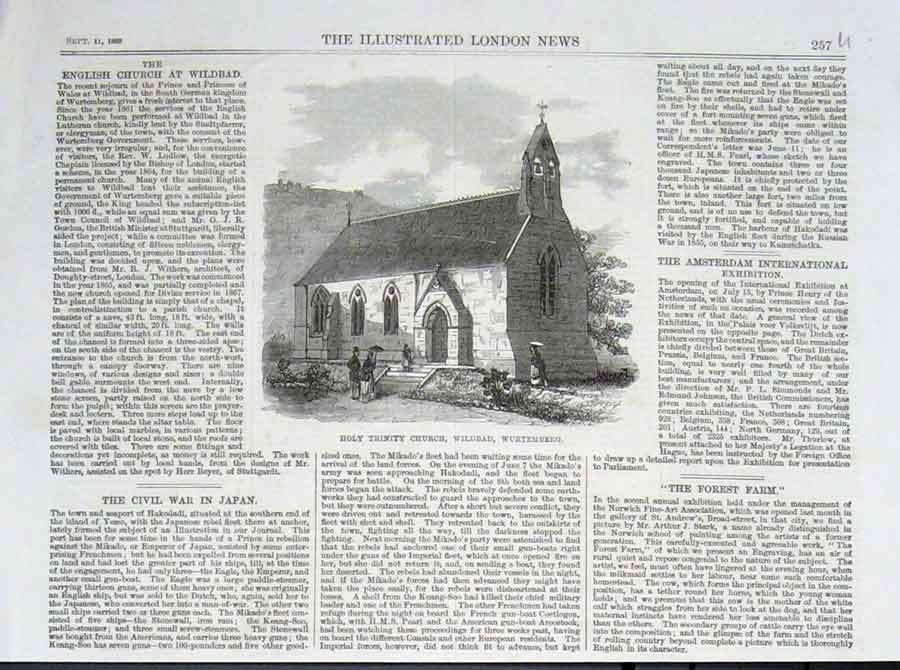 Original Old Antique Print Holy Trinity Church Wildbad Wurtemberg 1869 19th