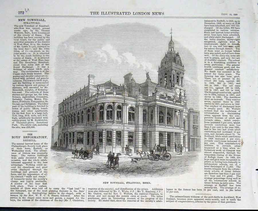 Original Old Antique Print New Town Hall Stratford Essex 1869 19th