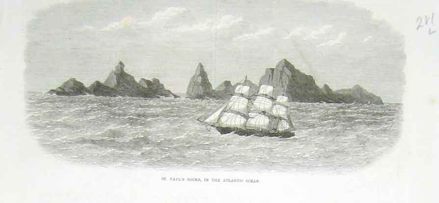 Original Old Antique Print St Paul'S Rocks In Atlantic Ocean 1869 Victorian