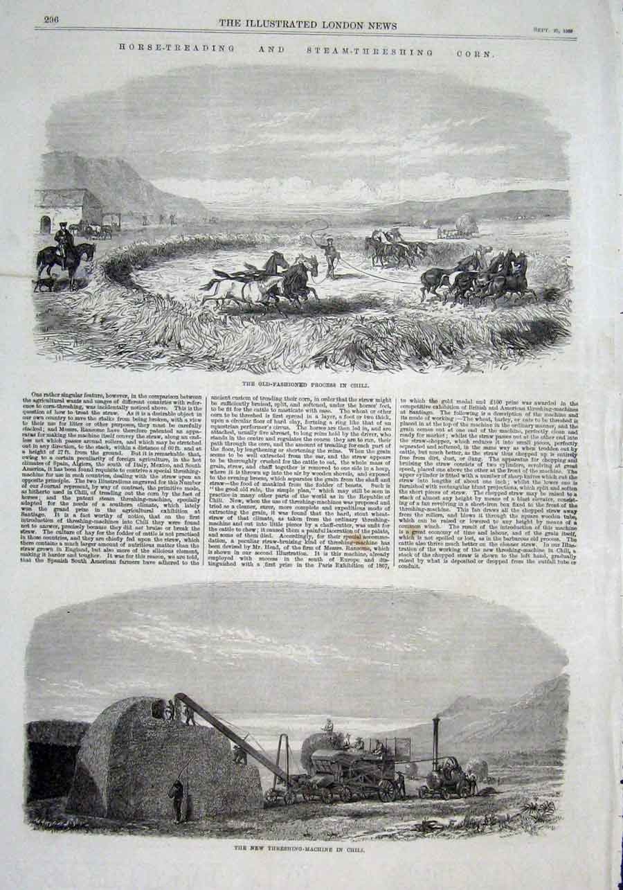 Original Old Antique Print Horse Treading & Steam Threshing 1869 19th