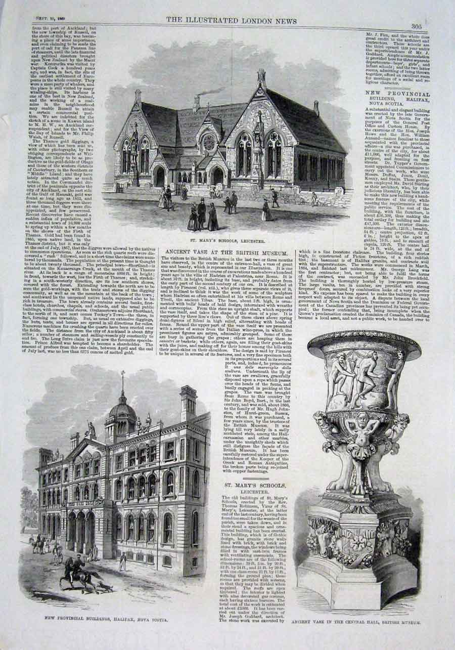 Old Antique Print St Mary'S School Leicester Provincal Buildings Halifax