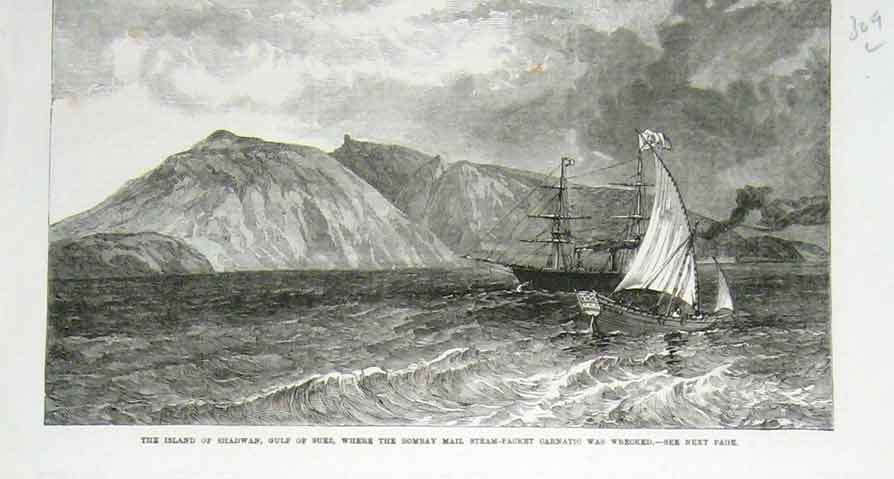 Original Old Antique Print Shadwan Gulf Suez Where Mail Ship Carnatic Wrecked