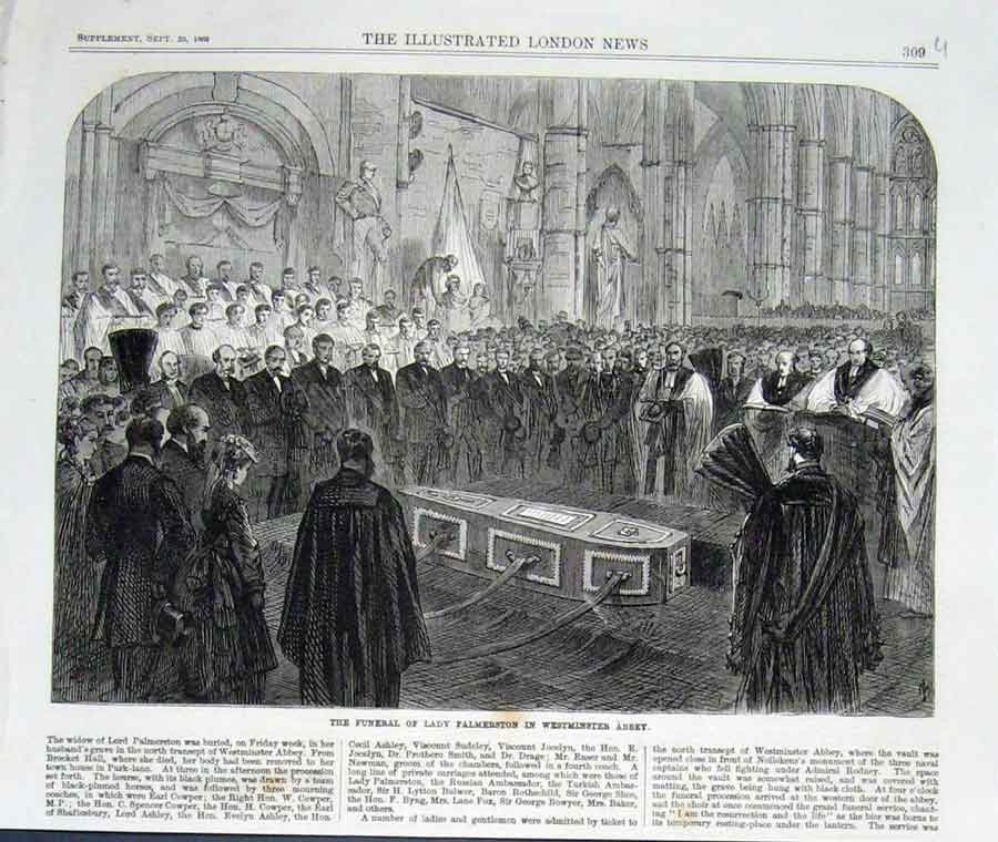 Original Old Antique Print Funeral Lady Palmerston Westminister Abbey 1869 19th