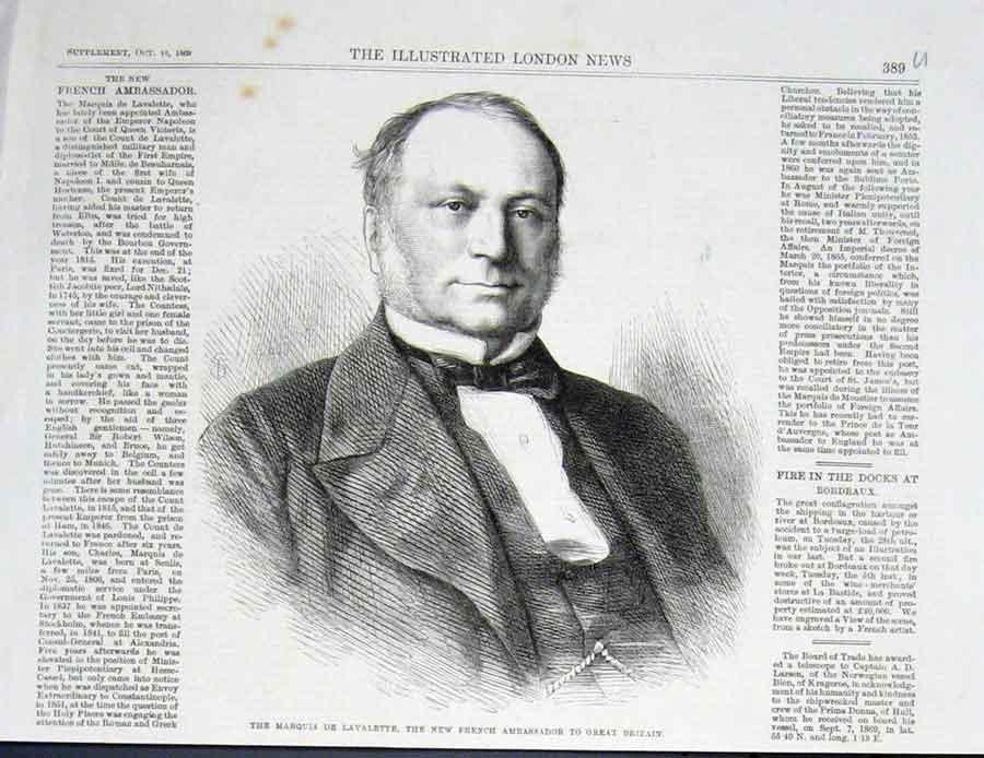 Original Old Antique Print Portrait Marquis De Lavalatte 1869 Ambass Victorian