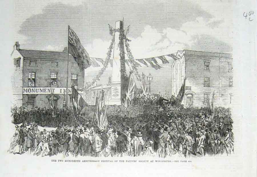 Original Old Antique Print 200Th Festival Native Society Winchester 1869