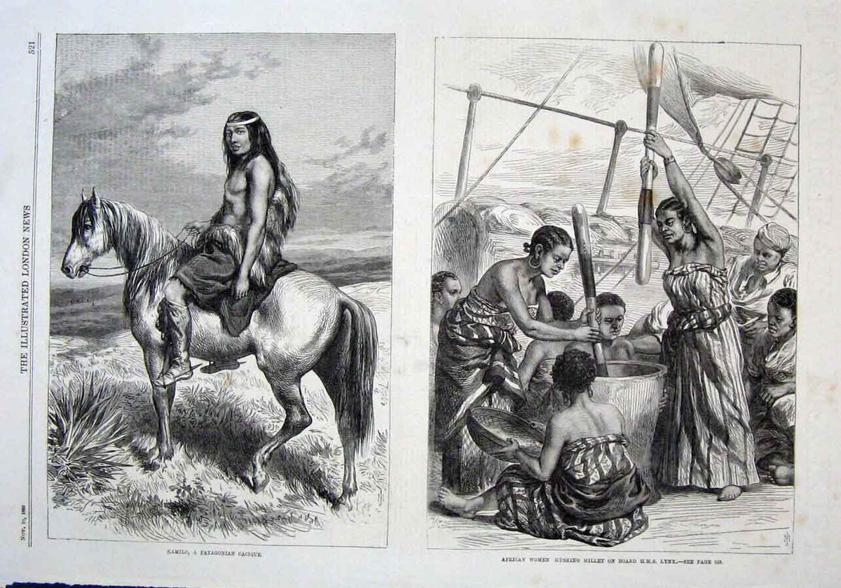Old Antique Print Kamilo A Patogonian Cacique African Women Husking Meal