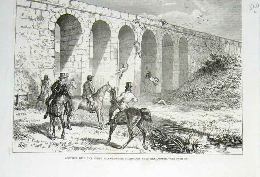 Original Old Antique Print Accident Warwackshire Fox Hounds Nr Kenilworth 1869