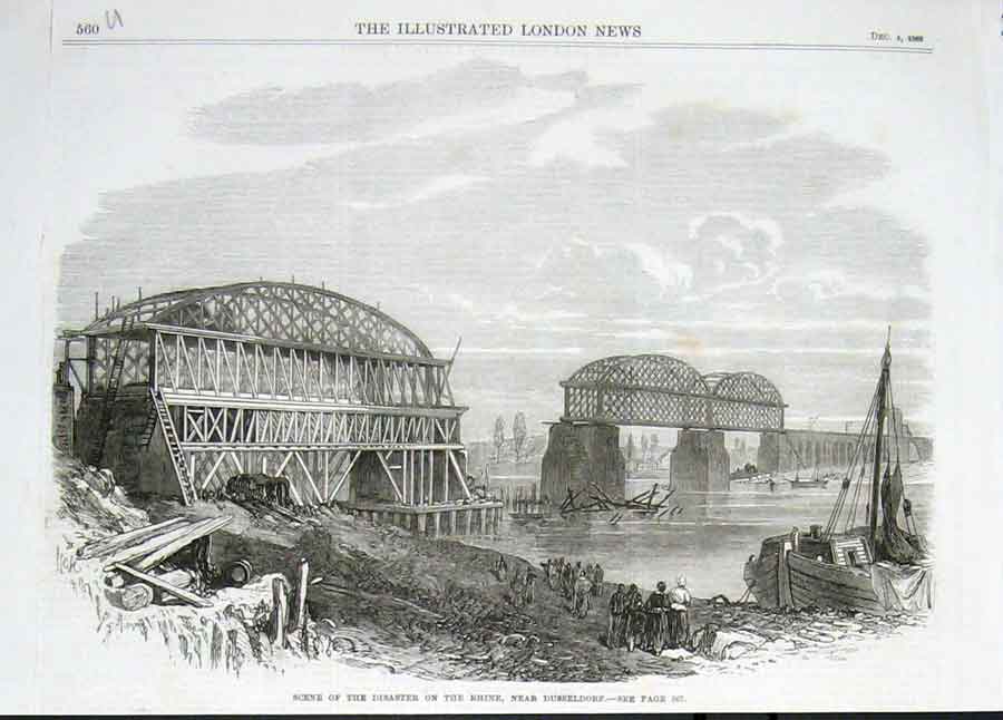 Original Old Antique Print Disaster On Rhine Nr Dusseldorf 1869 Germany 19th