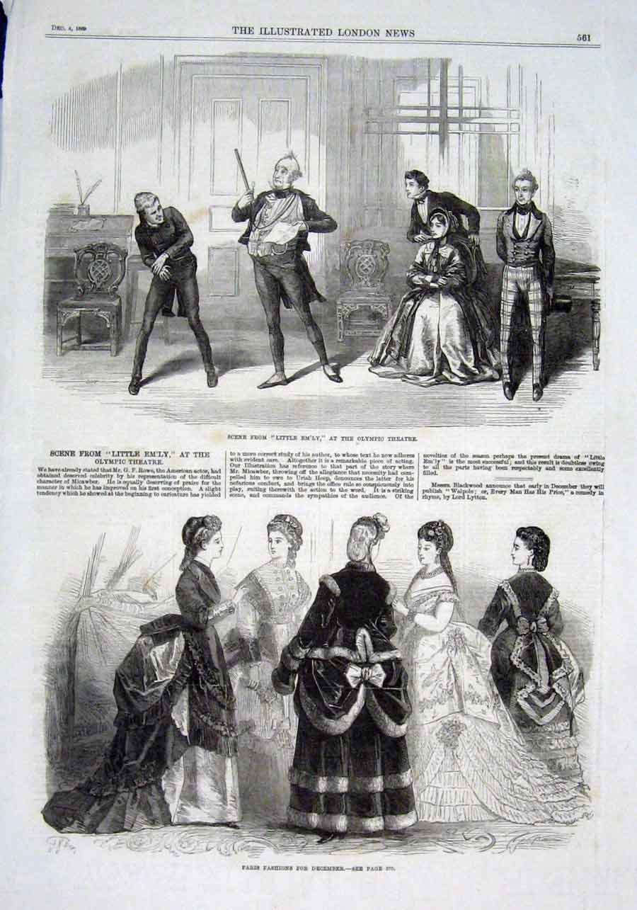 Original Old Antique Print Scene Olympic Theatre & Paris Fashions December 1869