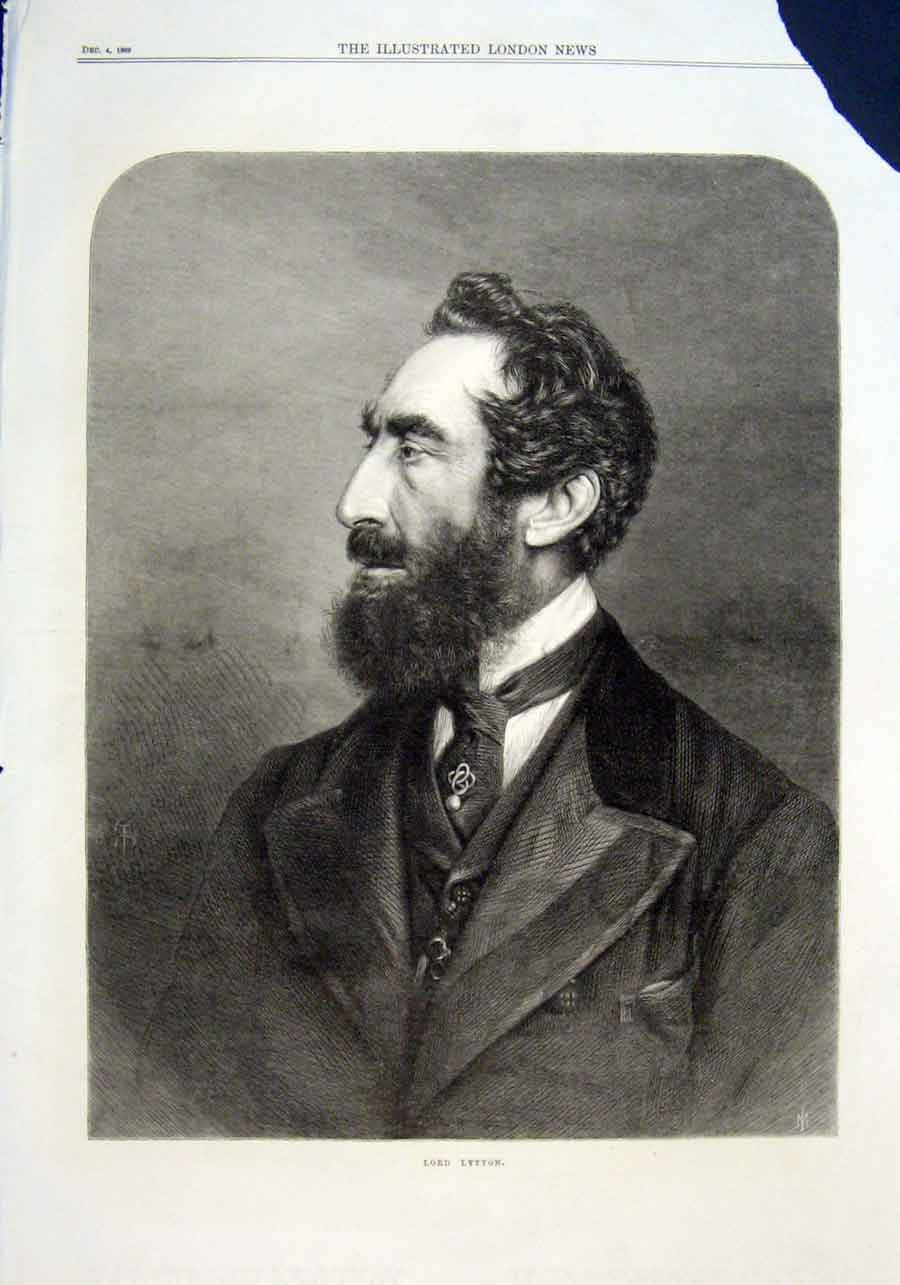 Original Old Antique Print 1869 Portrait Lord Lytton 19th Century