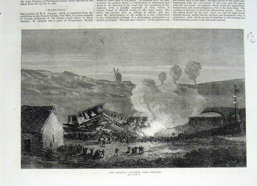 Original Old Antique Print Railway Accident Nr Newark 1870 19th