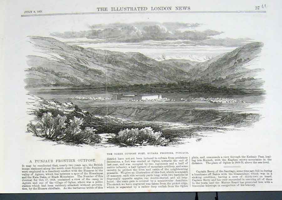 Original Old Antique Print Oghee Outpost Huzara Punjaub India 1870 Victorian