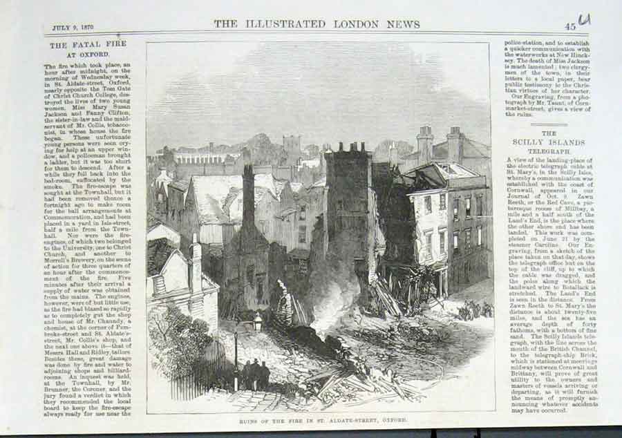 Original Old Antique Print Ruins Fire St Aldate Street Oxford 1870 Victorian