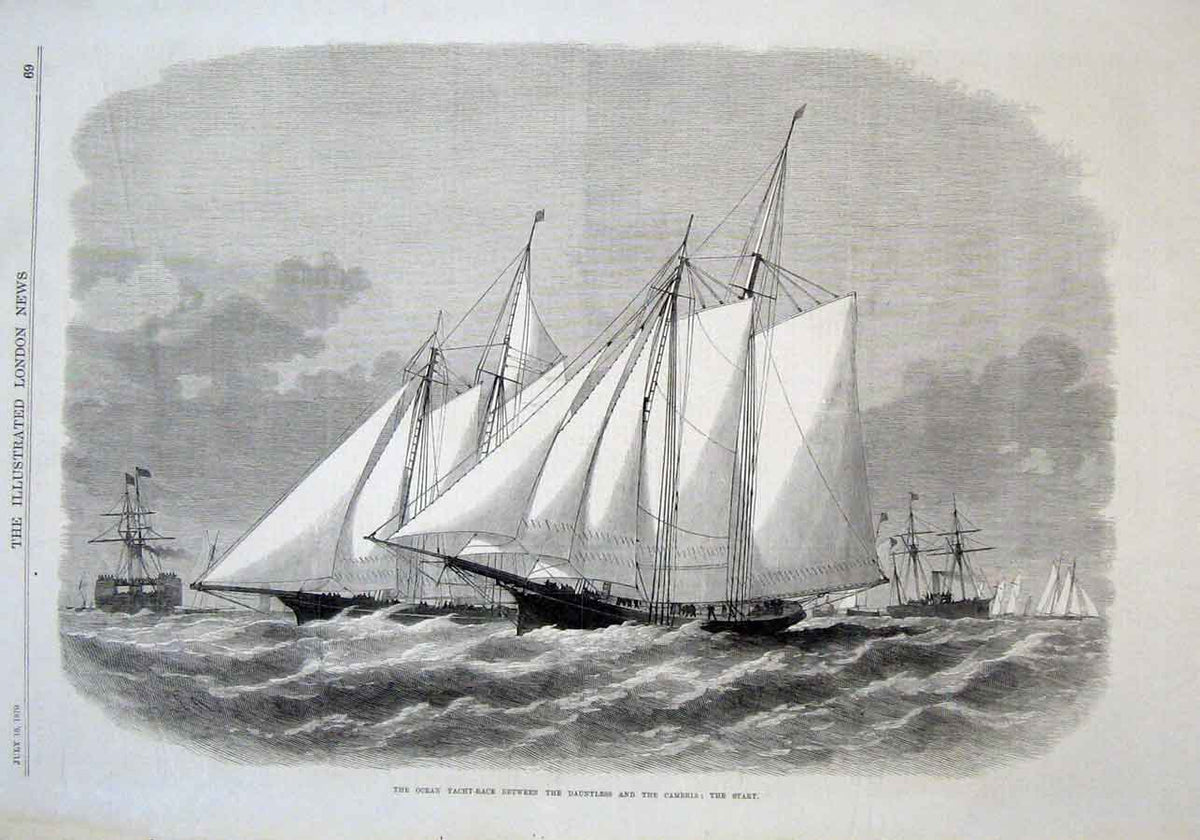 Original Old Antique Print Ocean Yacht Race Dauntless V Cambria 1870 Victorian