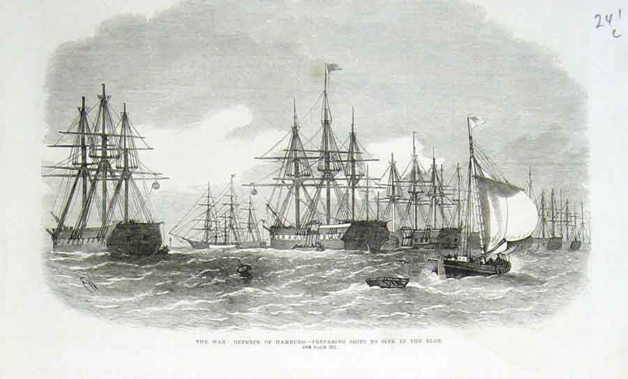 Old Antique Print Ships To Sink In Elbe Defence Hamburg 1870 War France 19th