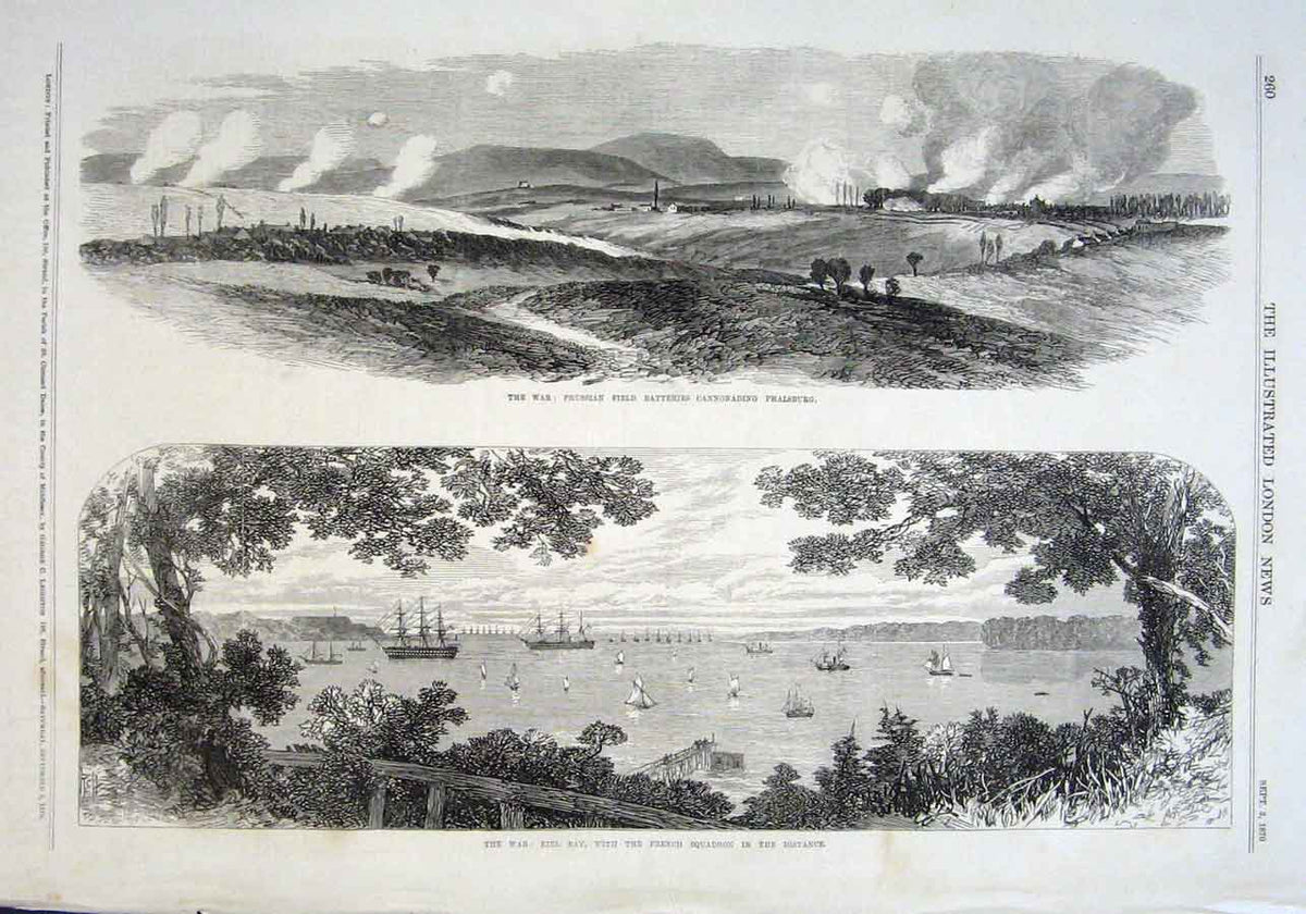 Original Old Antique Print Kiel Bay With French Ships In Distance 1870 Victorian