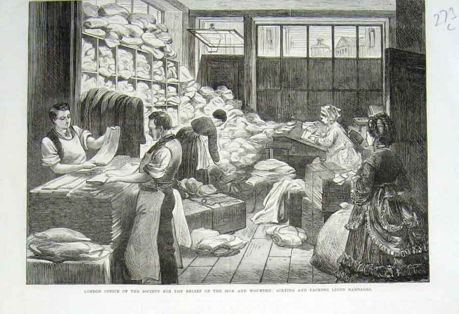 Original Old Antique Print London Society Sick Wounded 1870 Linen Bandag 19th